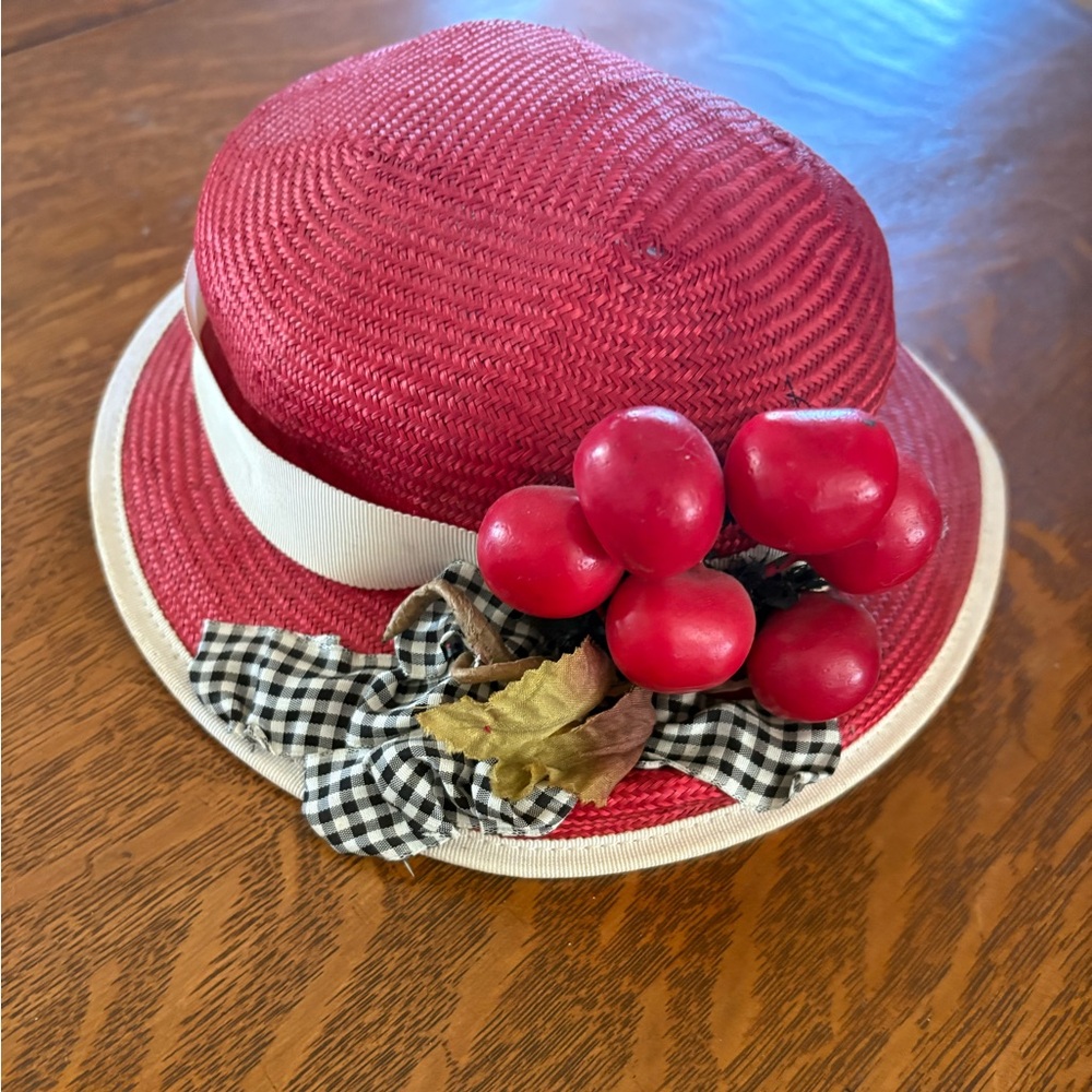 Louise Green Doll Hat - red sisal with cherries